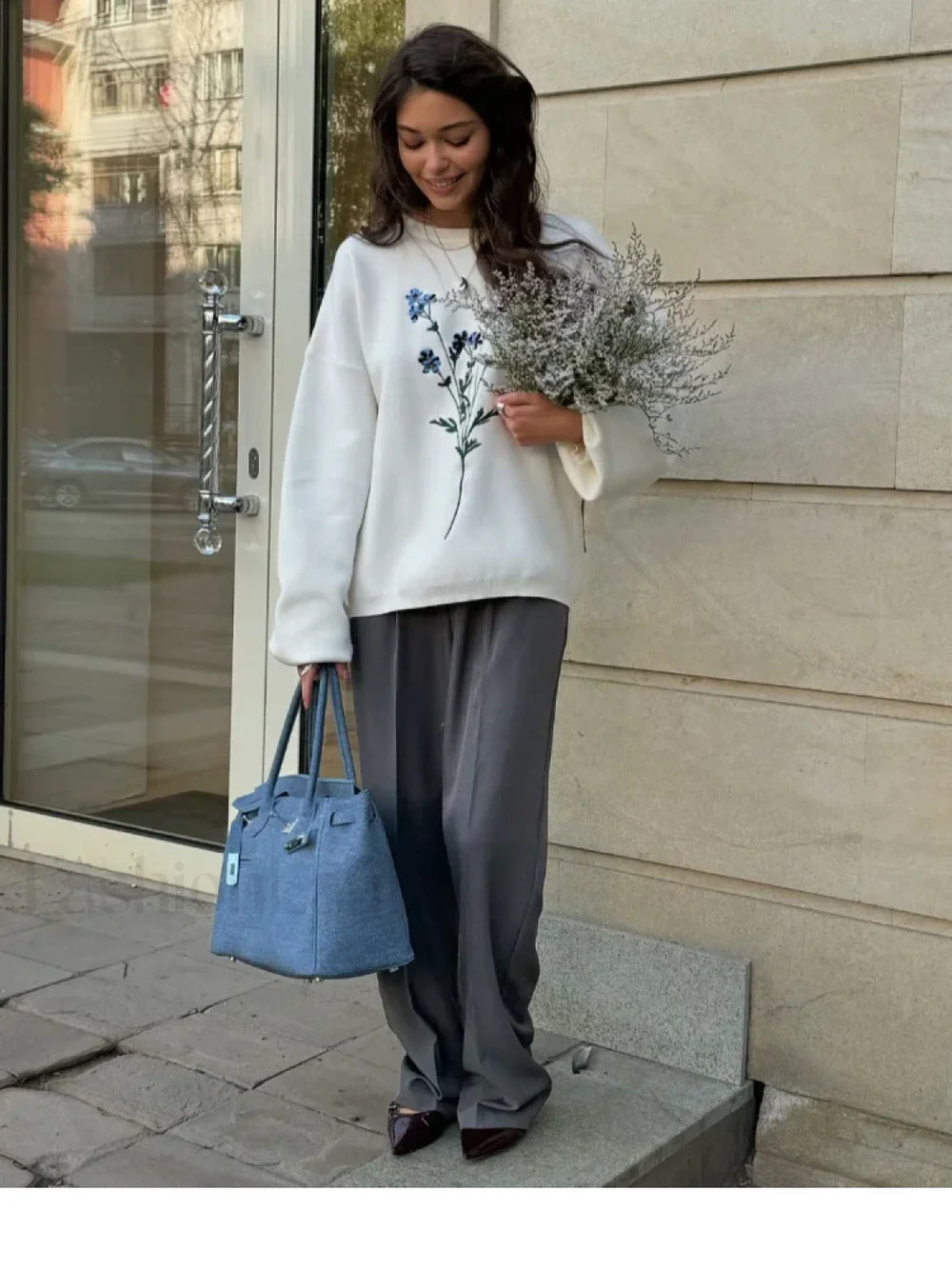 Women’s Flower Print Knitted Casual Round Neck Long Sleeve Loose Sweater Sweaters L