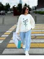Women’s Flower Print Knitted Casual Round Neck Long Sleeve Loose Sweater Sweaters L