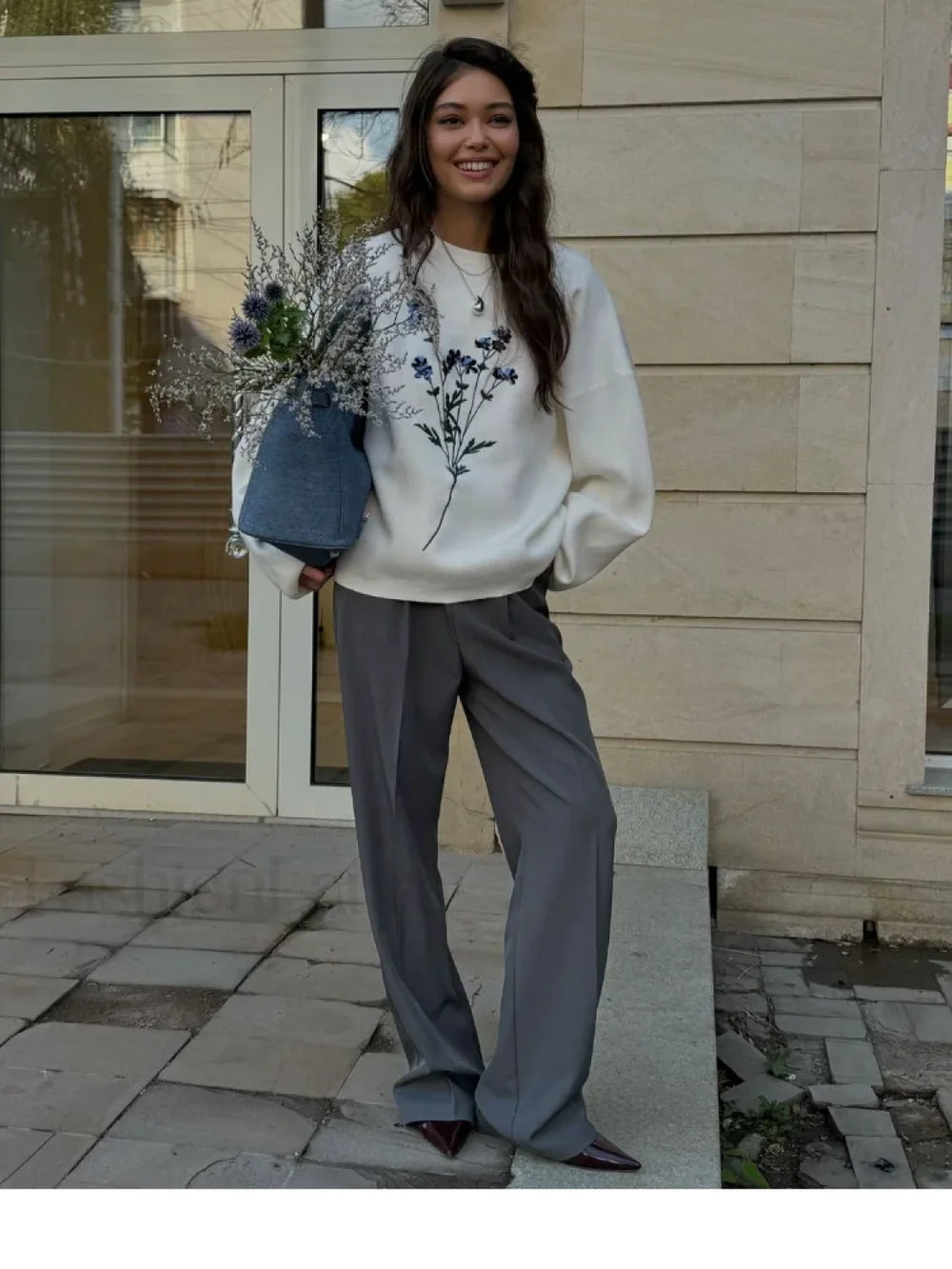 Women’s Flower Print Knitted Casual Round Neck Long Sleeve Loose Sweater Sweaters L