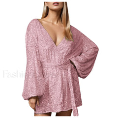 Women’s Formal Autumn Glitter Sparkly Sequin Long Sleeve Loose Lace Up Cocktail With Belt Elegant Prom Dress