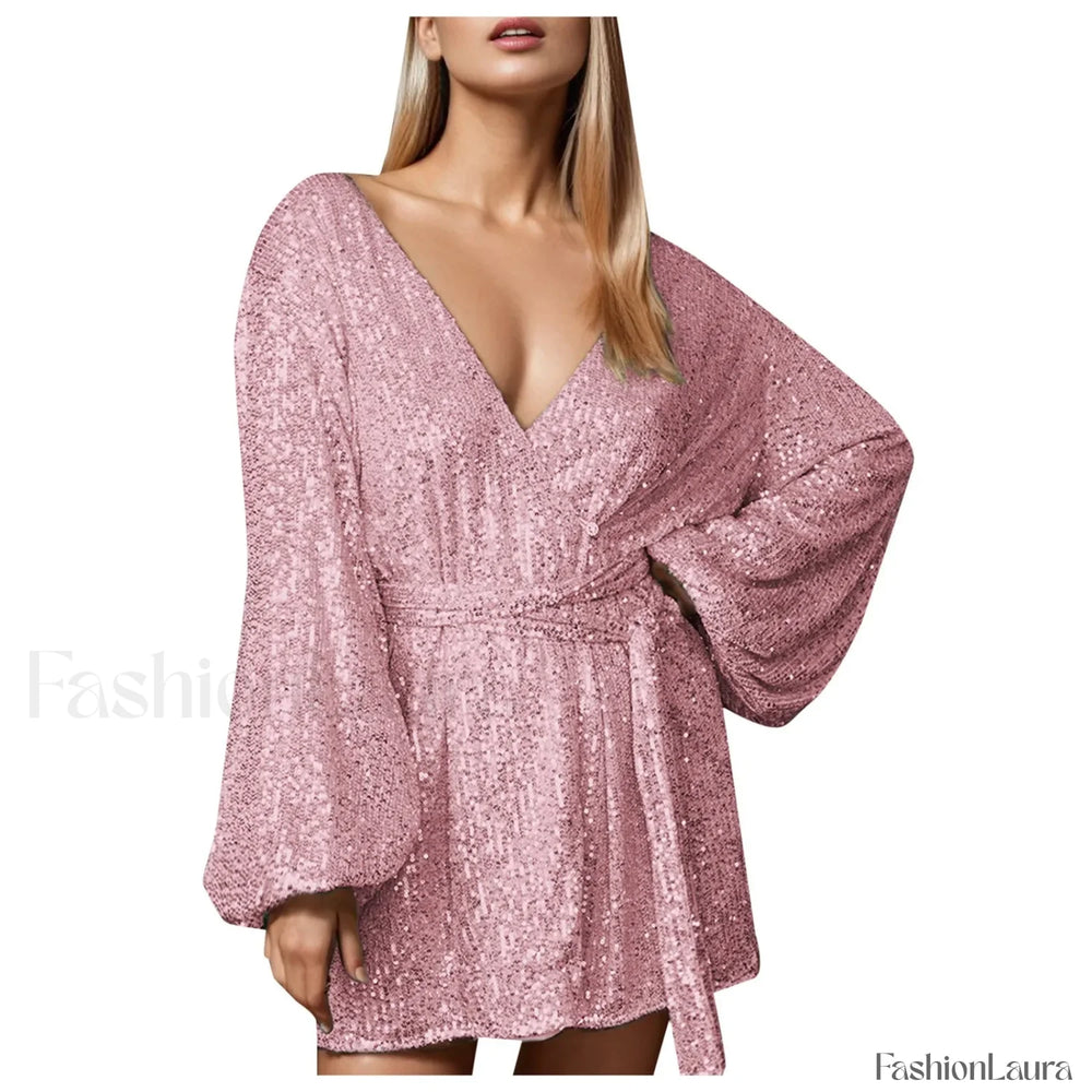 Women’s Formal Autumn Glitter Sparkly Sequin Long Sleeve Loose Lace Up Cocktail With Belt Elegant Prom Dress