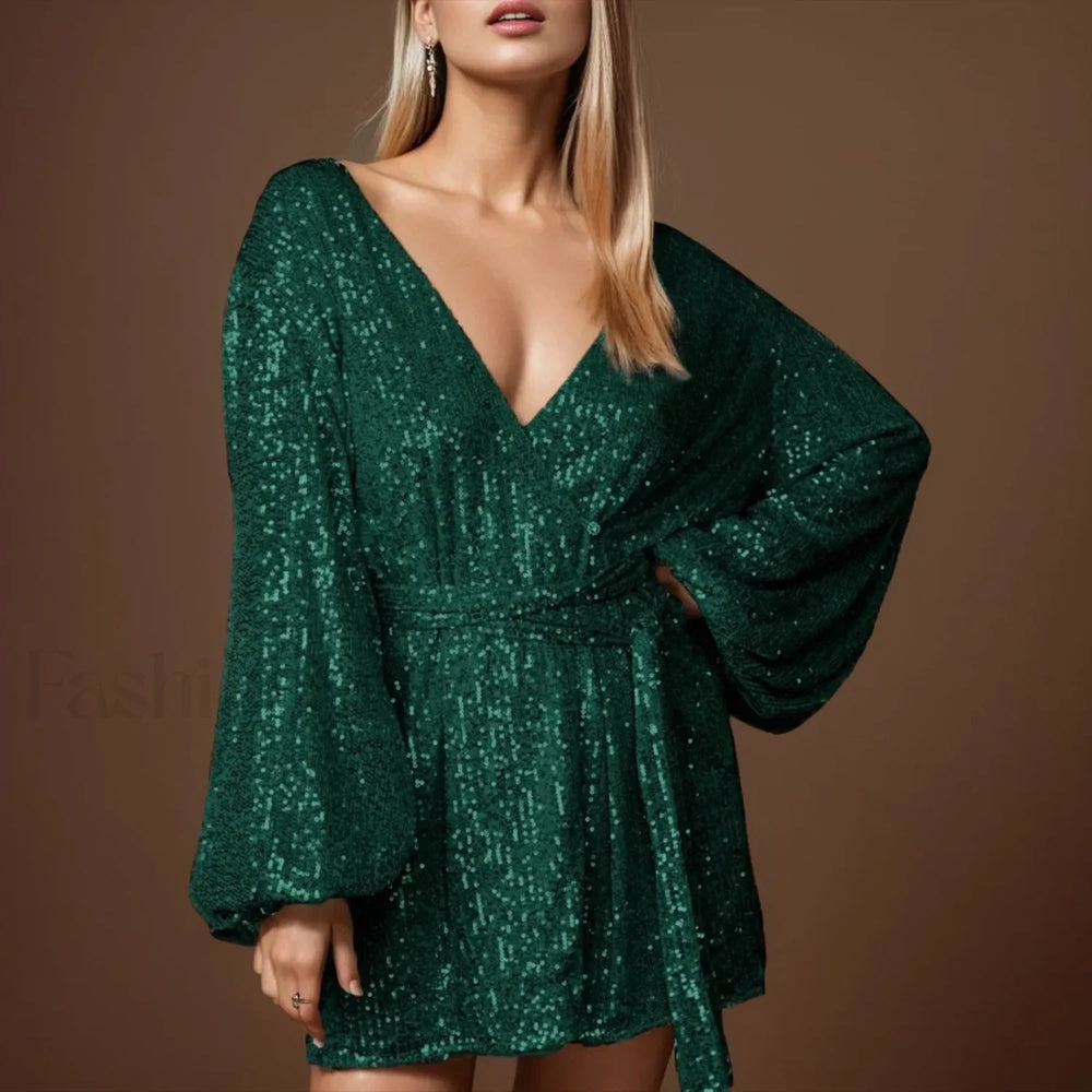 Women’s Formal Autumn Glitter Sparkly Sequin Long Sleeve Loose Lace Up Cocktail With Belt Elegant Prom Dress Green / S
