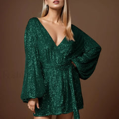 Women’s Formal Autumn Glitter Sparkly Sequin Long Sleeve Loose Lace Up Cocktail With Belt Elegant Prom Dress Green / S