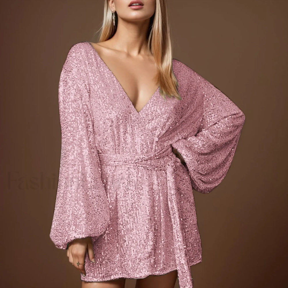 Women’s Formal Autumn Glitter Sparkly Sequin Long Sleeve Loose Lace Up Cocktail With Belt Elegant Prom Dress Pink / S