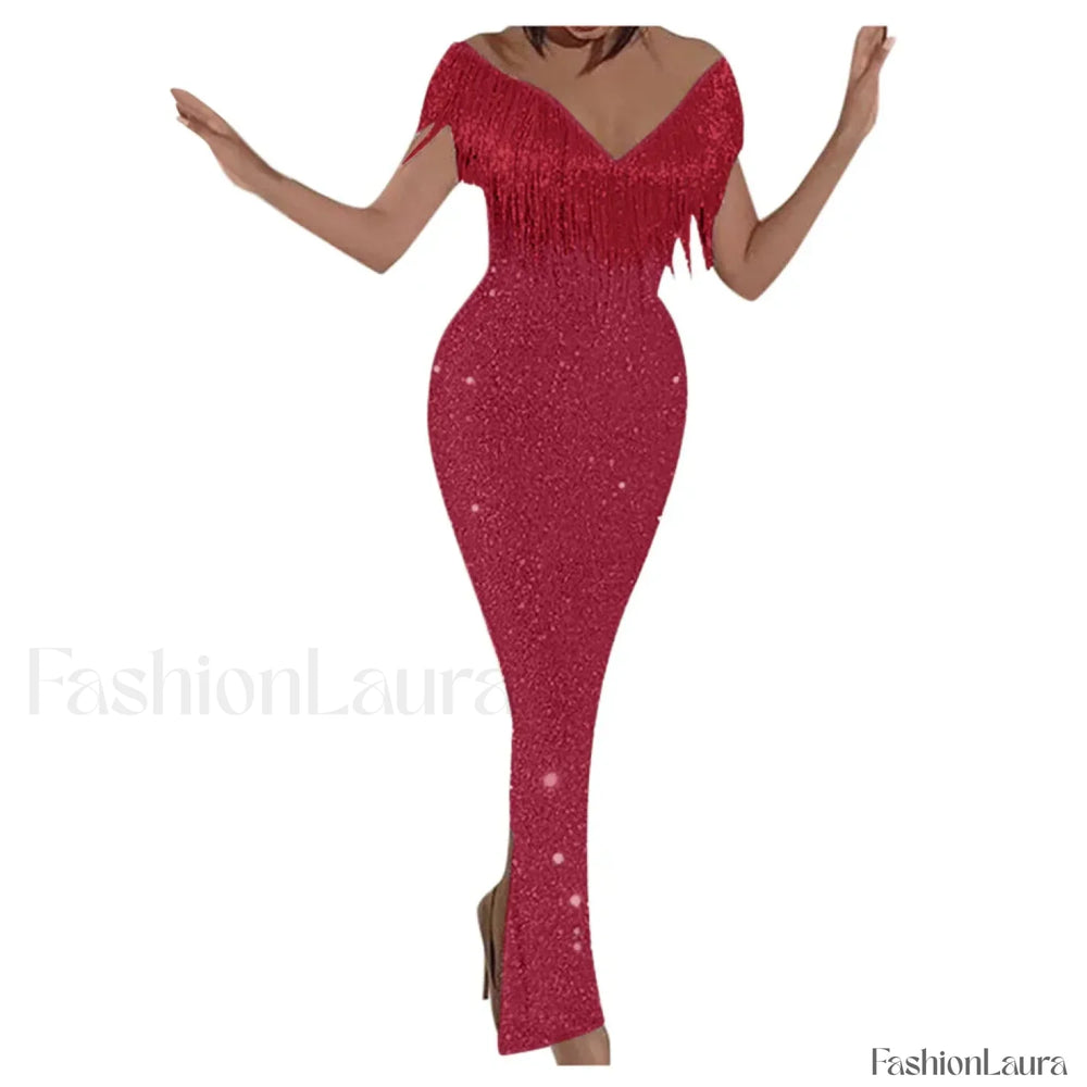 Women’s Formal Elegant One Shoulder Solid Glitter Sparkly Sequin Beaded Tassel Bodycon Vintage Birthday Prom Dress