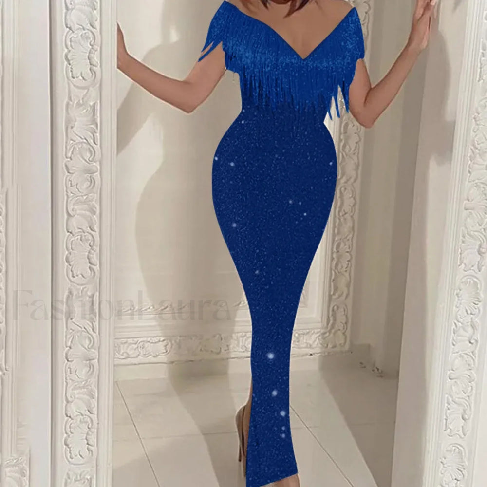 Women’s Formal Elegant One Shoulder Solid Glitter Sparkly Sequin Beaded Tassel Bodycon Vintage Birthday Prom Dress Blue