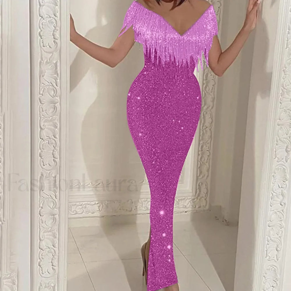 Women’s Formal Elegant One Shoulder Solid Glitter Sparkly Sequin Beaded Tassel Bodycon Vintage Birthday Prom Dress Pink