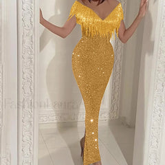 Women’s Formal Elegant One Shoulder Solid Glitter Sparkly Sequin Beaded Tassel Bodycon Vintage Birthday Prom Dress
