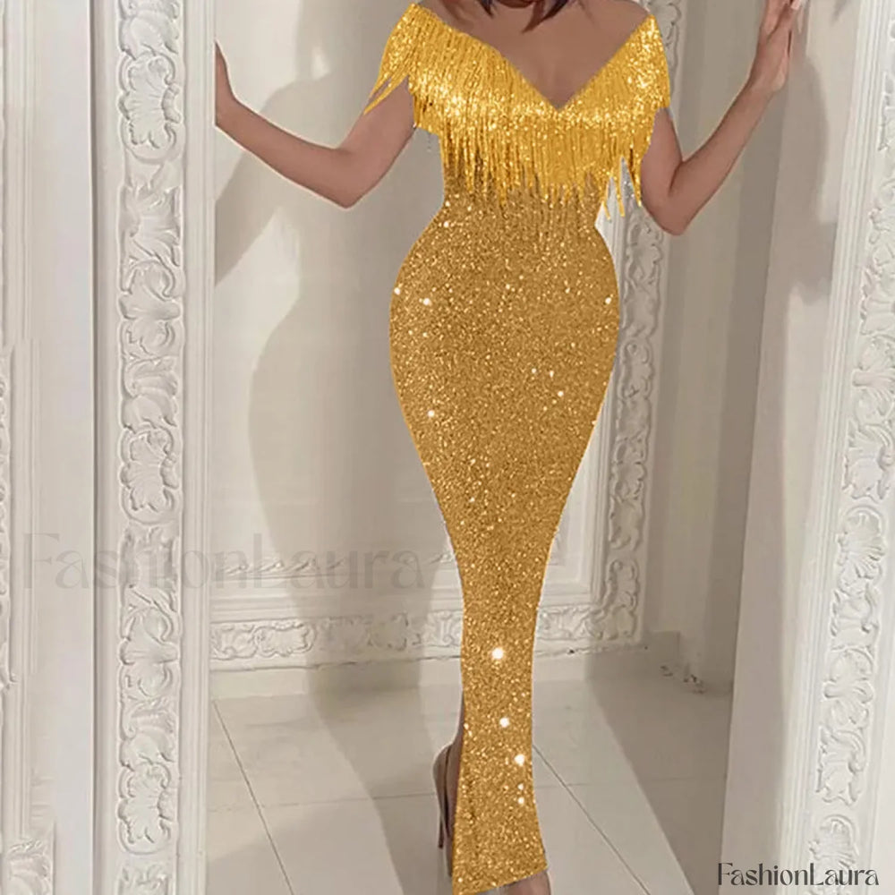 Women’s Formal Elegant One Shoulder Solid Glitter Sparkly Sequin Beaded Tassel Bodycon Vintage Birthday Prom Dress