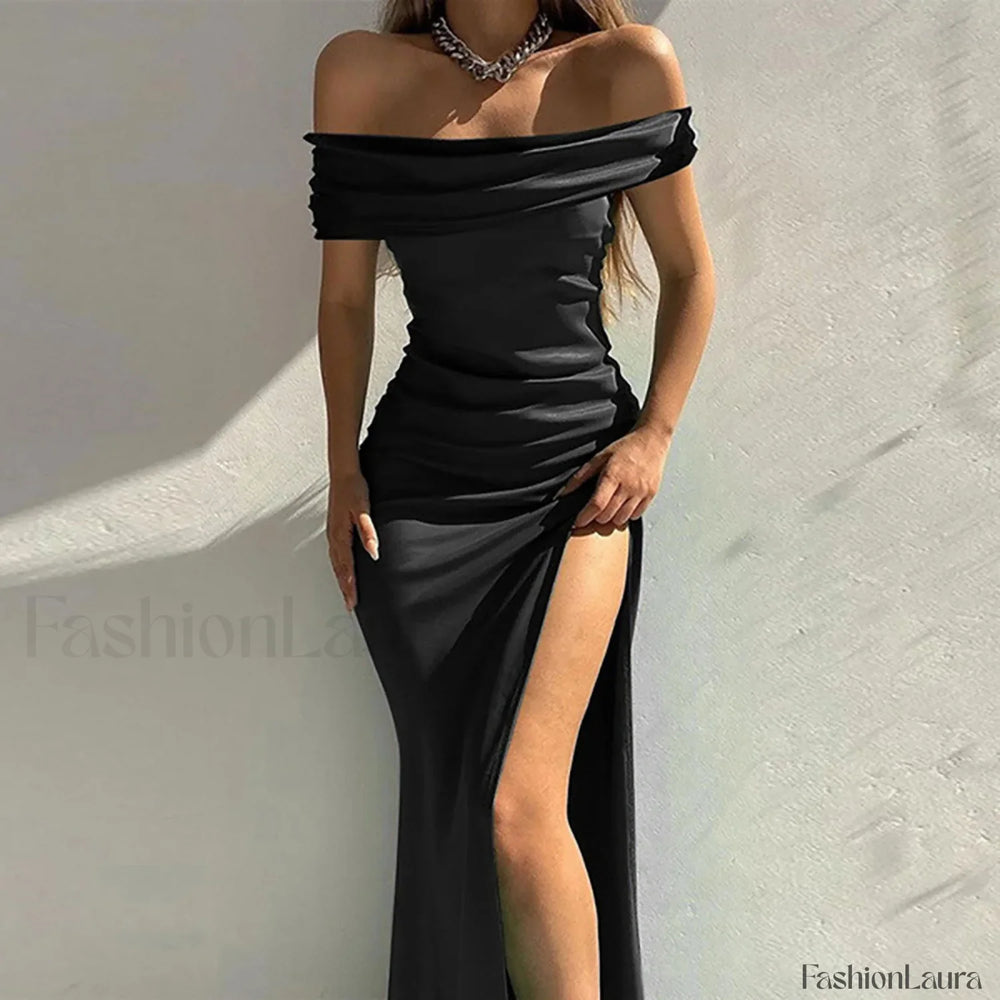 Women’s Formal Fashion Solid Color Off Shoulder Satin Slim Side Slit Midi Elegant Evening Prom Dress Black / S