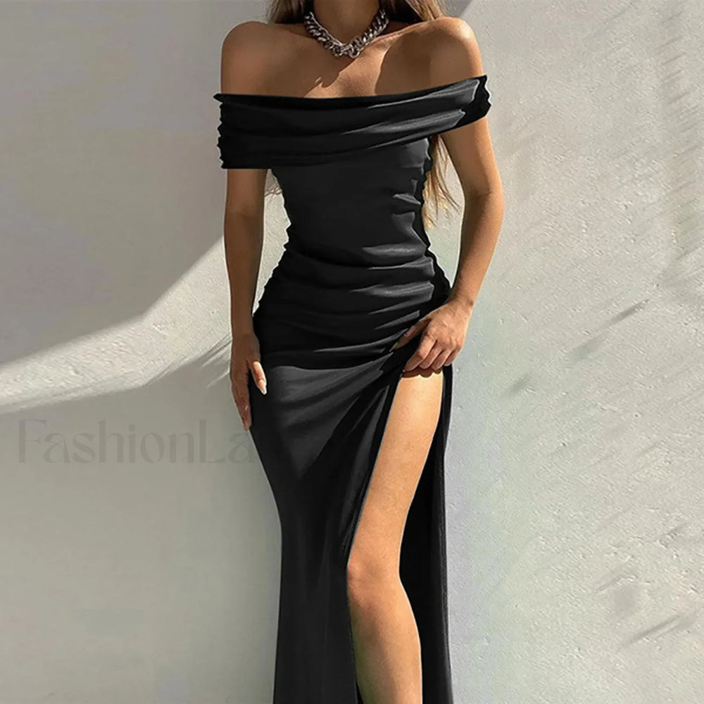 Women’s Formal Fashion Solid Color Off Shoulder Satin Slim Side Slit Midi Elegant Evening Prom Dress Black / S