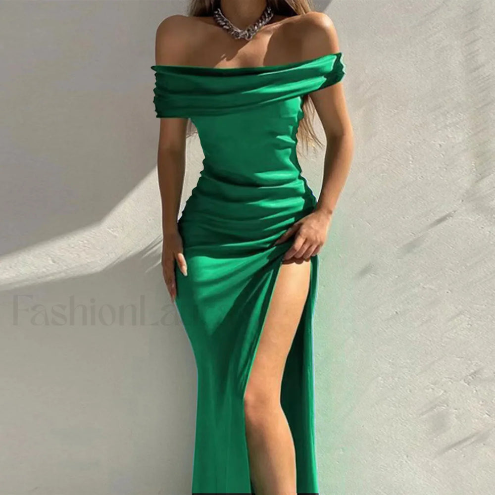 Women’s Formal Fashion Solid Color Off Shoulder Satin Slim Side Slit Midi Elegant Evening Prom Dress Green / S