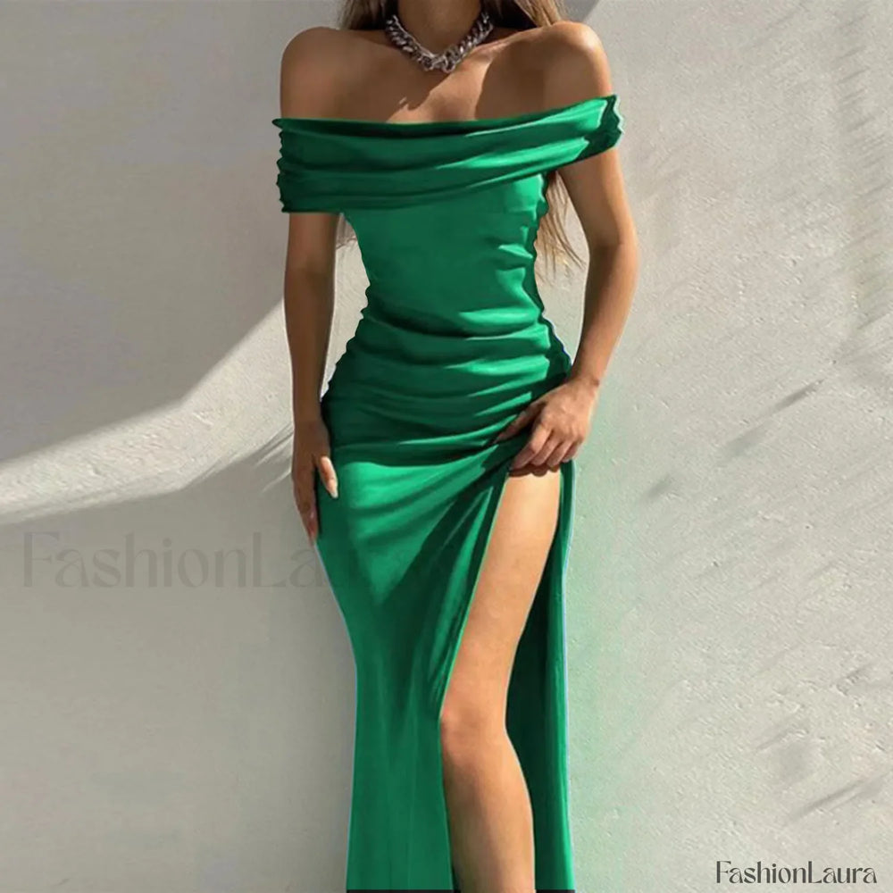 Women’s Formal Fashion Solid Color Off Shoulder Satin Slim Side Slit Midi Elegant Evening Prom Dress Green / S