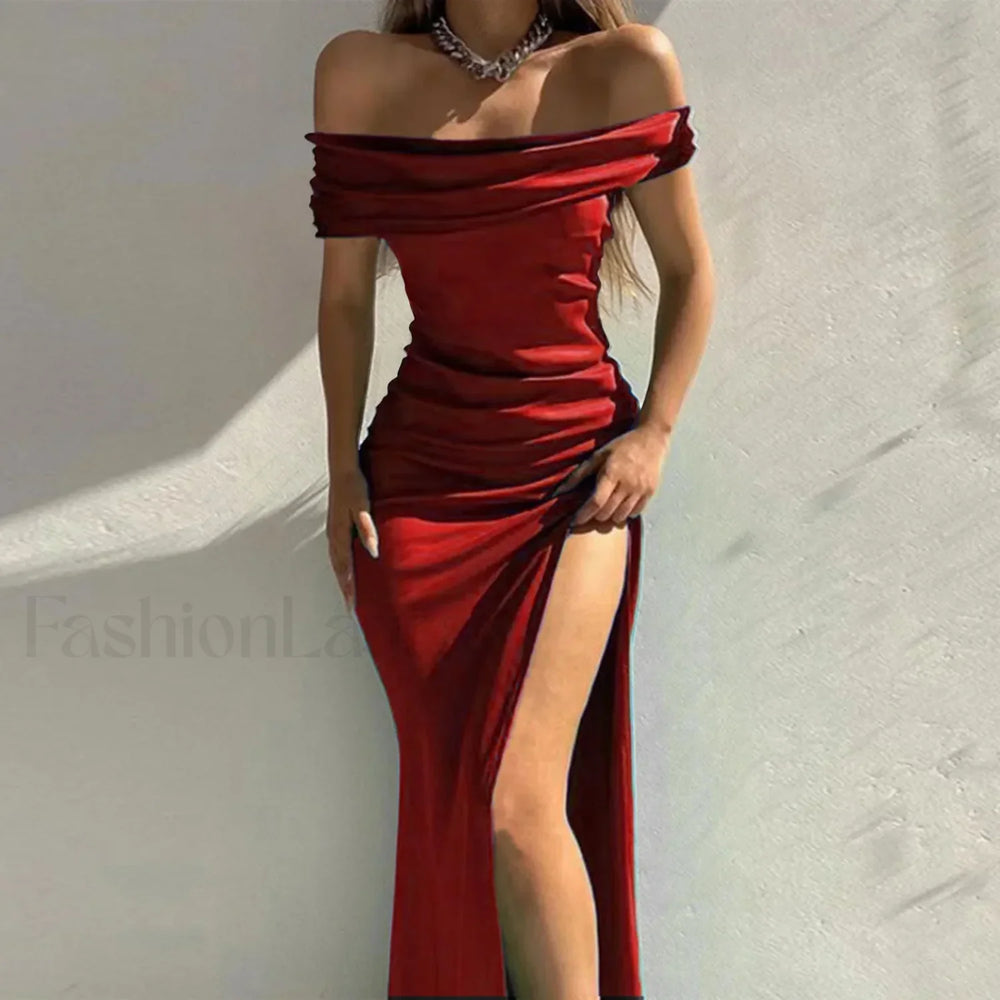 Women’s Formal Fashion Solid Color Off Shoulder Satin Slim Side Slit Midi Elegant Evening Prom Dress Red / S
