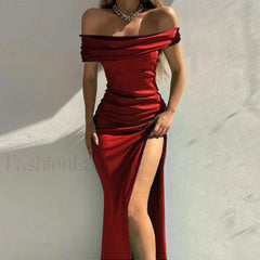 Women’s Formal Fashion Solid Color Off Shoulder Satin Slim Side Slit Midi Elegant Evening Prom Dress Red / S