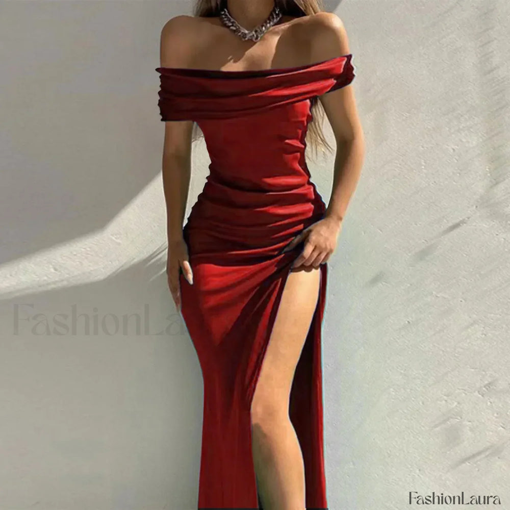 Women’s Formal Fashion Solid Color Off Shoulder Satin Slim Side Slit Midi Elegant Evening Prom Dress Red / S