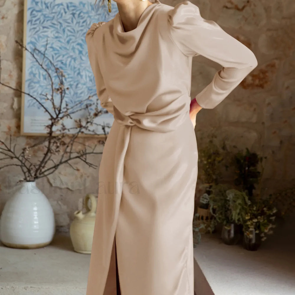 Women’s Formal Satin Mock Neck Long Sleeve Silk High Slit Lace Up Cocktail Wedding Guest Maxi Party Prom Dress