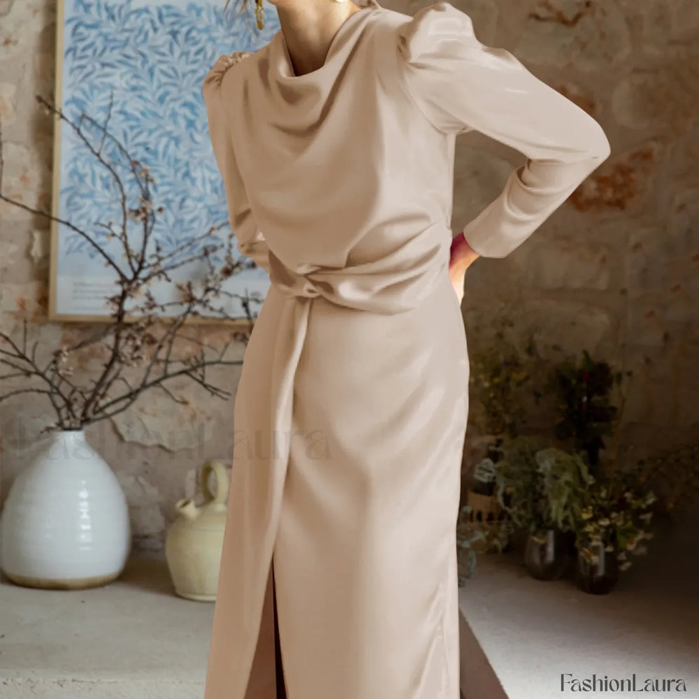 Women’s Formal Satin Mock Neck Long Sleeve Silk High Slit Lace Up Cocktail Wedding Guest Maxi Party Prom Dress