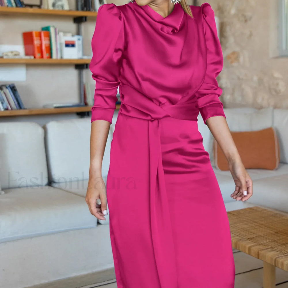 Women’s Formal Satin Mock Neck Long Sleeve Silk High Slit Lace Up Cocktail Wedding Guest Maxi Party Prom Dress