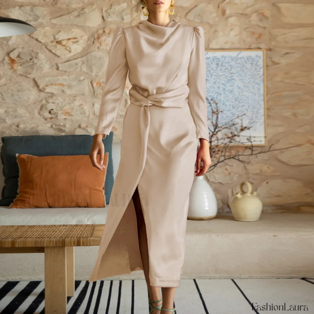 Women’s Formal Satin Mock Neck Long Sleeve Silk High Slit Lace Up Cocktail Wedding Guest Maxi Party Prom Dress Beige / S