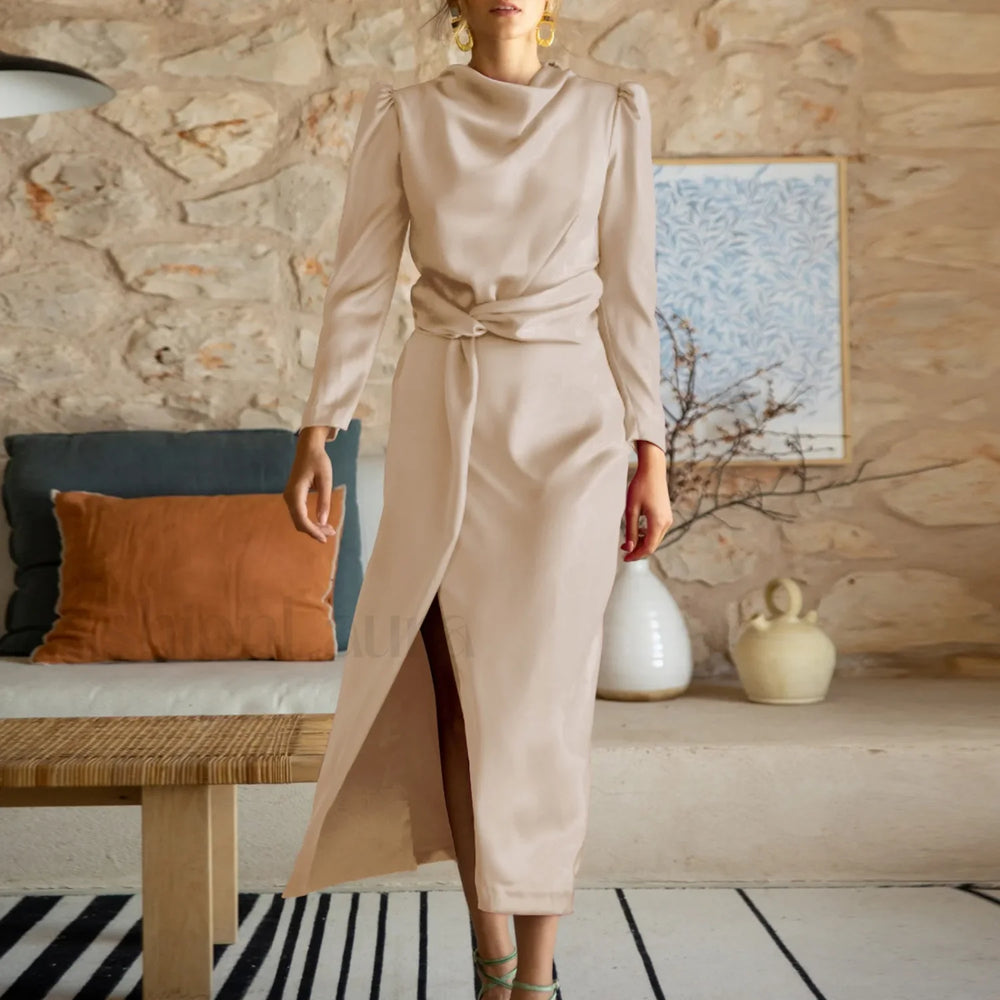 Women’s Formal Satin Mock Neck Long Sleeve Silk High Slit Lace Up Cocktail Wedding Guest Maxi Party Prom Dress Beige / S