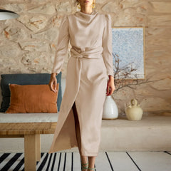 Women’s Formal Satin Mock Neck Long Sleeve Silk High Slit Lace Up Cocktail Wedding Guest Maxi Party Prom Dress Beige / S