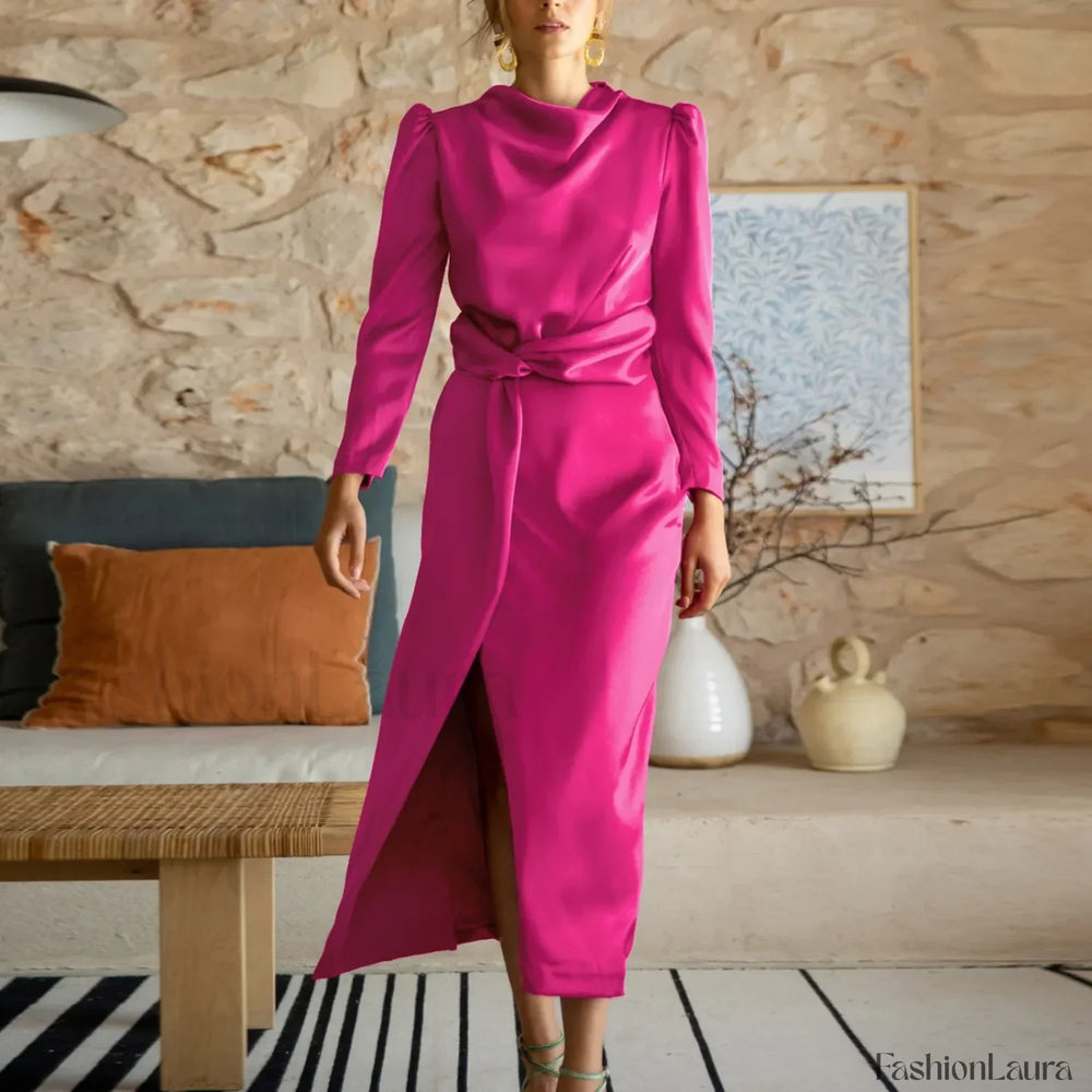 Women’s Formal Satin Mock Neck Long Sleeve Silk High Slit Lace Up Cocktail Wedding Guest Maxi Party Prom Dress Hot Pink