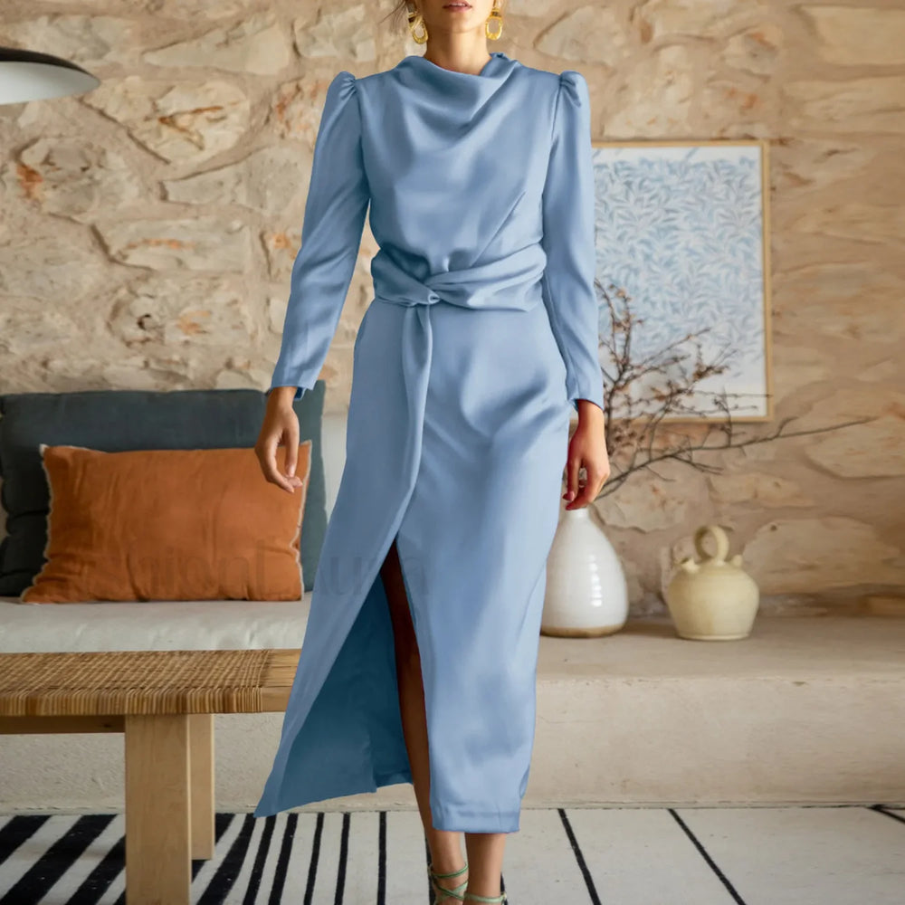 Women’s Formal Satin Mock Neck Long Sleeve Silk High Slit Lace Up Cocktail Wedding Guest Maxi Party Prom Dress Sky Blue