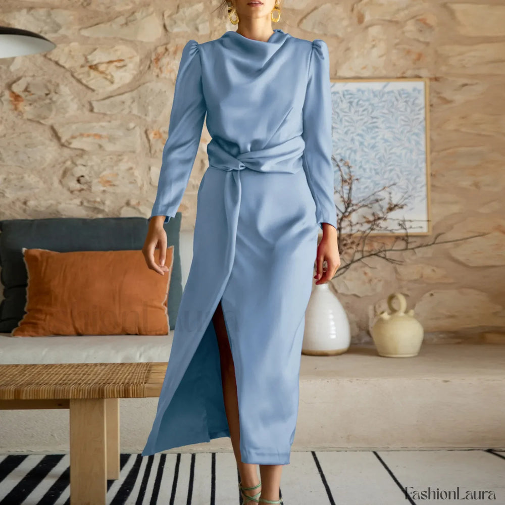 Women’s Formal Satin Mock Neck Long Sleeve Silk High Slit Lace Up Cocktail Wedding Guest Maxi Party Prom Dress Sky Blue