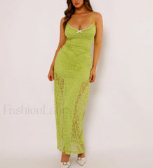 Women’s Green Lace Maxi Spaghetti Strap Solid Color Bodycon Long Elegant Party Club Lace Dress