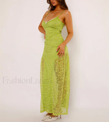 Women’s Green Lace Maxi Spaghetti Strap Solid Color Bodycon Long Elegant Party Club Lace Dress