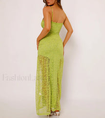 Women’s Green Lace Maxi Spaghetti Strap Solid Color Bodycon Long Elegant Party Club Lace Dress