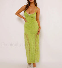 Women’s Green Lace Maxi Spaghetti Strap Solid Color Bodycon Long Elegant Party Club Lace Dress Green / S