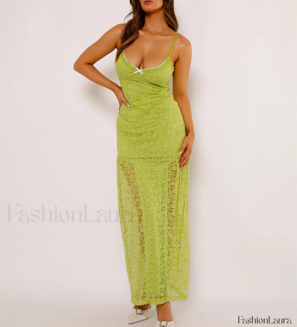 Women’s Green Lace Maxi Spaghetti Strap Solid Color Bodycon Long Elegant Party Club Lace Dress Green / S
