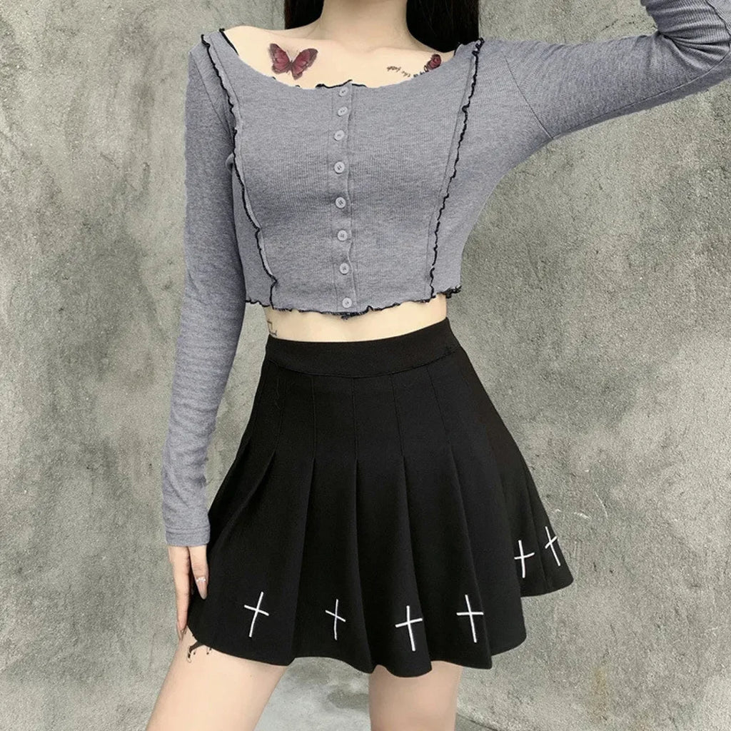 Women’s High Waist Gothic Mini Cross Pattern Mini Pleated Dark Style Skirt