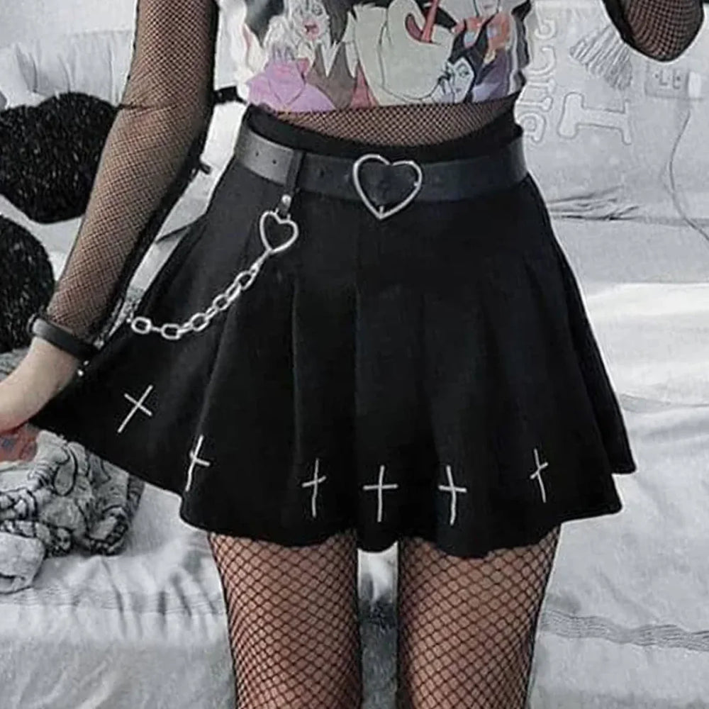 Women’s High Waist Gothic Mini Cross Pattern Mini Pleated Dark Style Skirt
