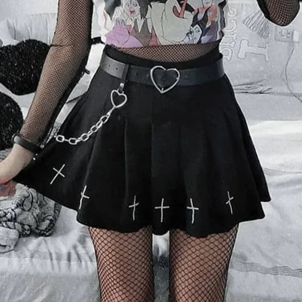 Women’s High Waist Gothic Mini Cross Pattern Mini Pleated Dark Style Skirt