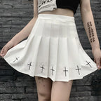 Women’s High Waist Gothic Mini Cross Pattern Mini Pleated Dark Style Skirt WHITE / S