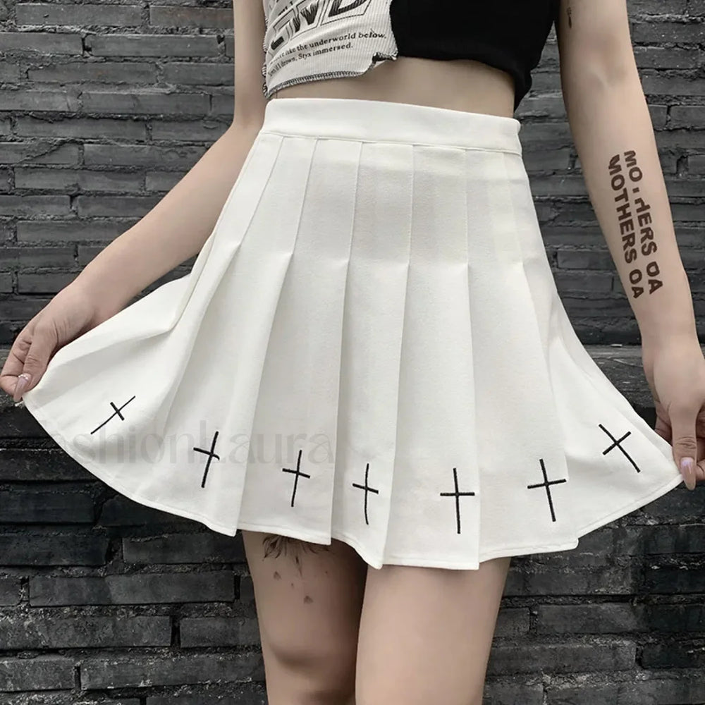 Women’s High Waist Gothic Mini Cross Pattern Mini Pleated Dark Style Skirt WHITE / S