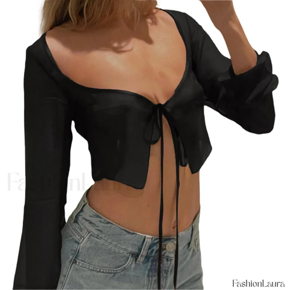 Women’s Long Sleeve Solid Tie Up Mesh Crop Top Black / S