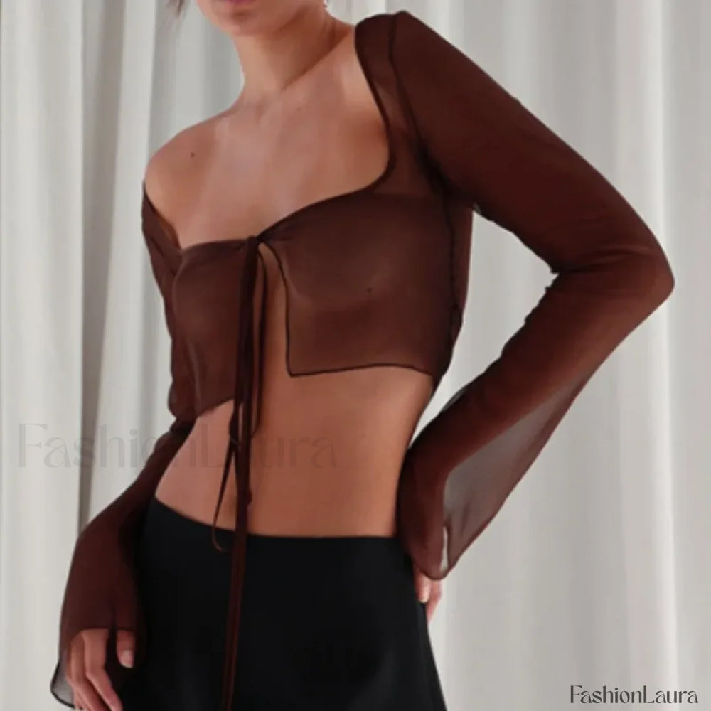 Women’s Long Sleeve Solid Tie Up Mesh Crop Top Brown / S