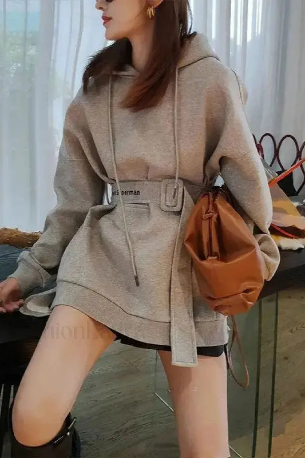 Women’s Loose Fit Hooded Hoodie Gray (plus velvet) / S