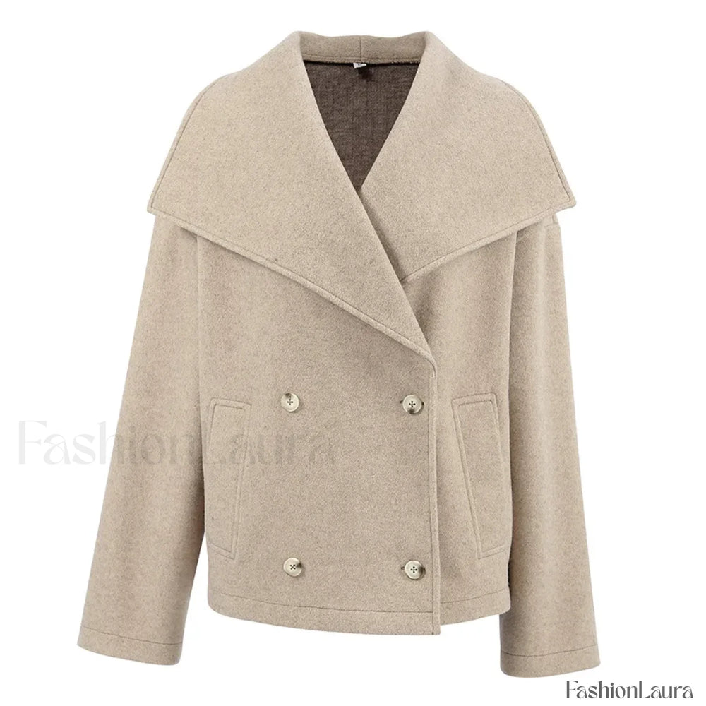 Women’s Wide Lapel Faux wool Blend Coat Overcoats Khaki / S