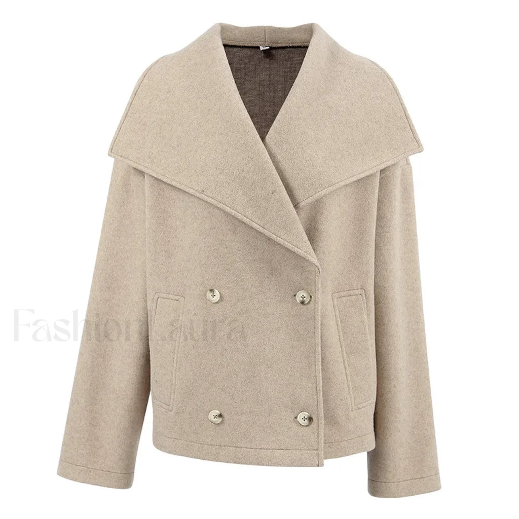 Women’s Wide Lapel Faux wool Blend Coat Overcoats Khaki / S