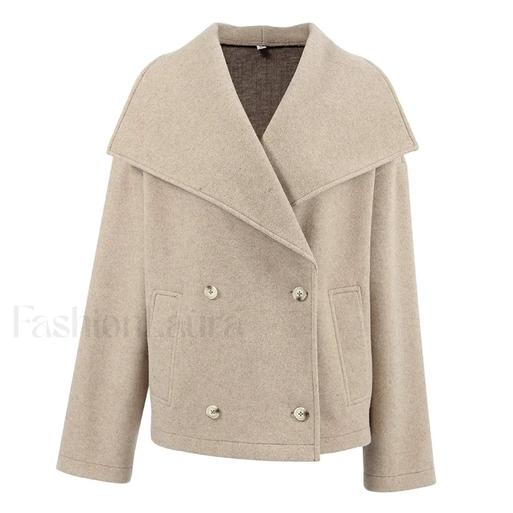 Women’s Wide Lapel Faux wool Blend Coat Overcoats Khaki / S