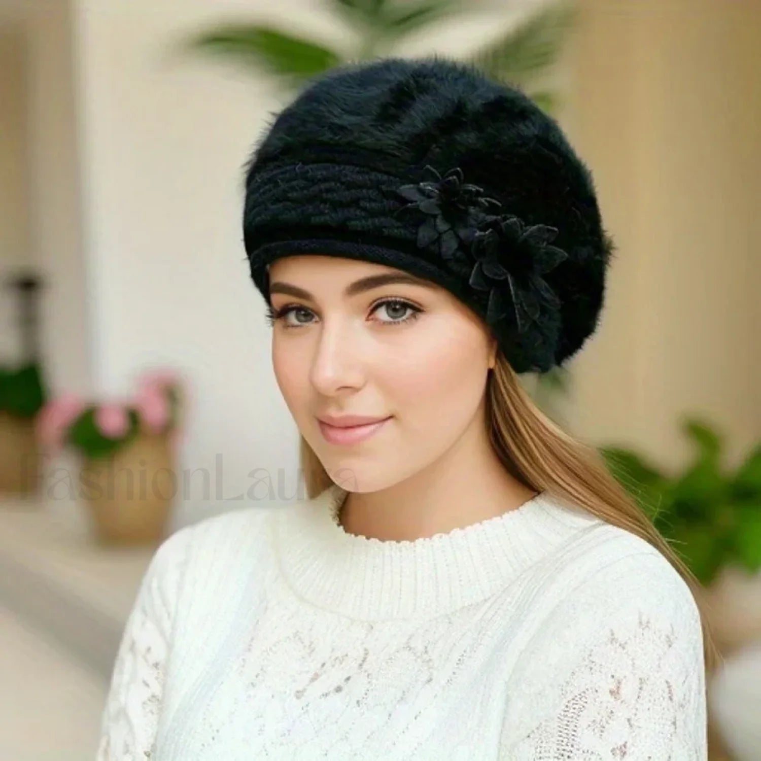 Women’s Winter New Korean Edition Warm Solid Beret Rabbit Hair Hat Black / 55 58cm