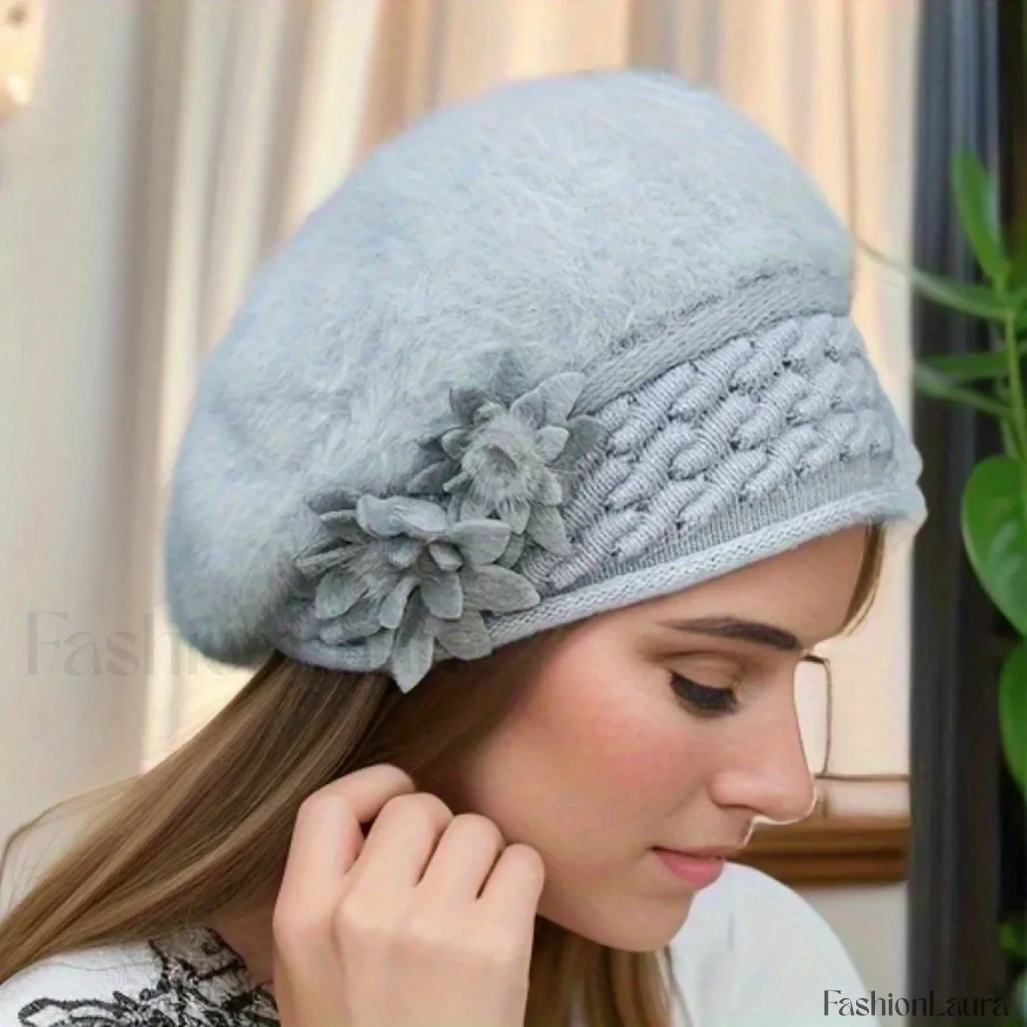 Women’s Winter New Korean Edition Warm Solid Beret Rabbit Hair Hat GRAY / 55 58cm