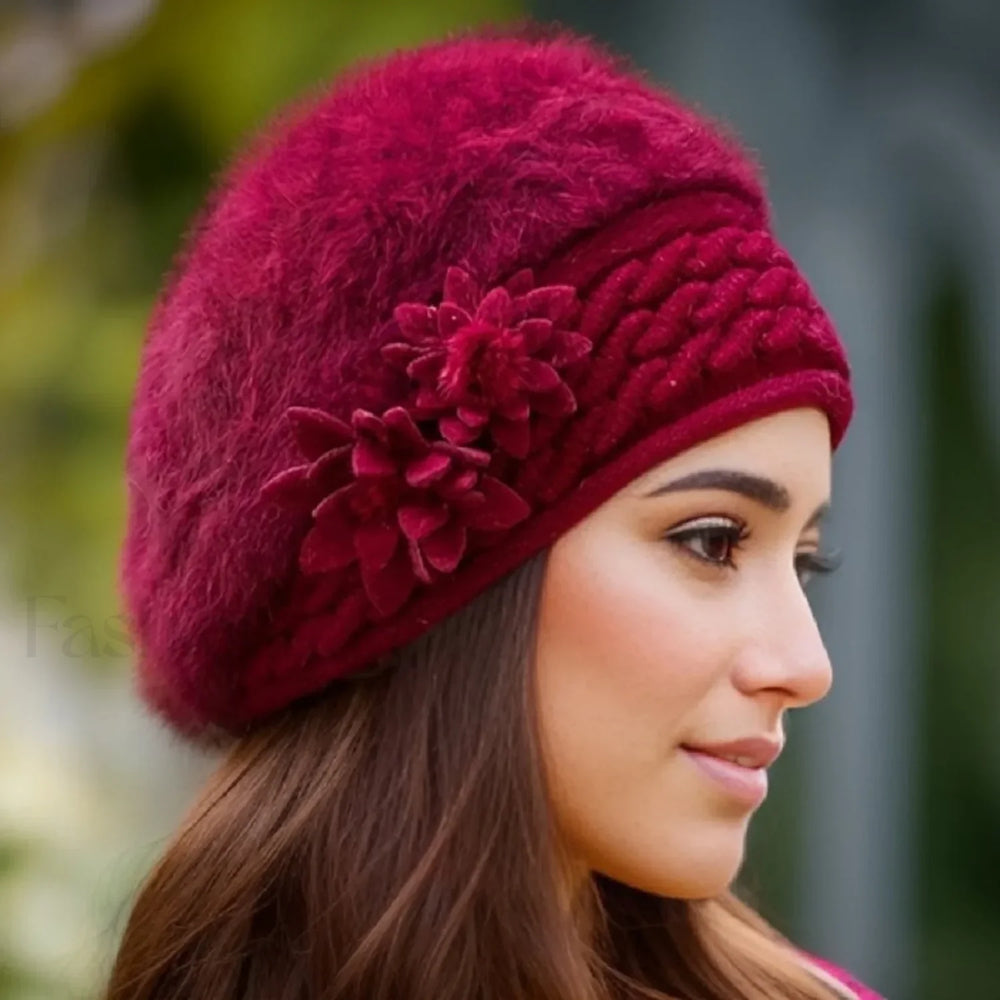 Women’s Winter New Korean Edition Warm Solid Beret Rabbit Hair Hat Red / 55 58cm