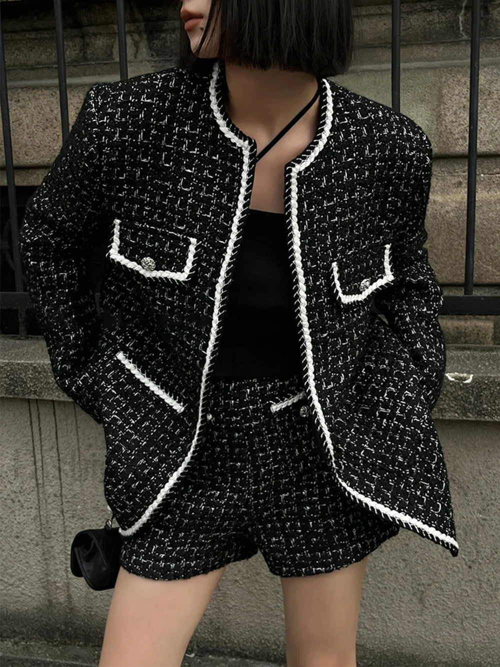 Wool blend Tweed Graceful Contrast Trim Jacket Black / XS Jackets