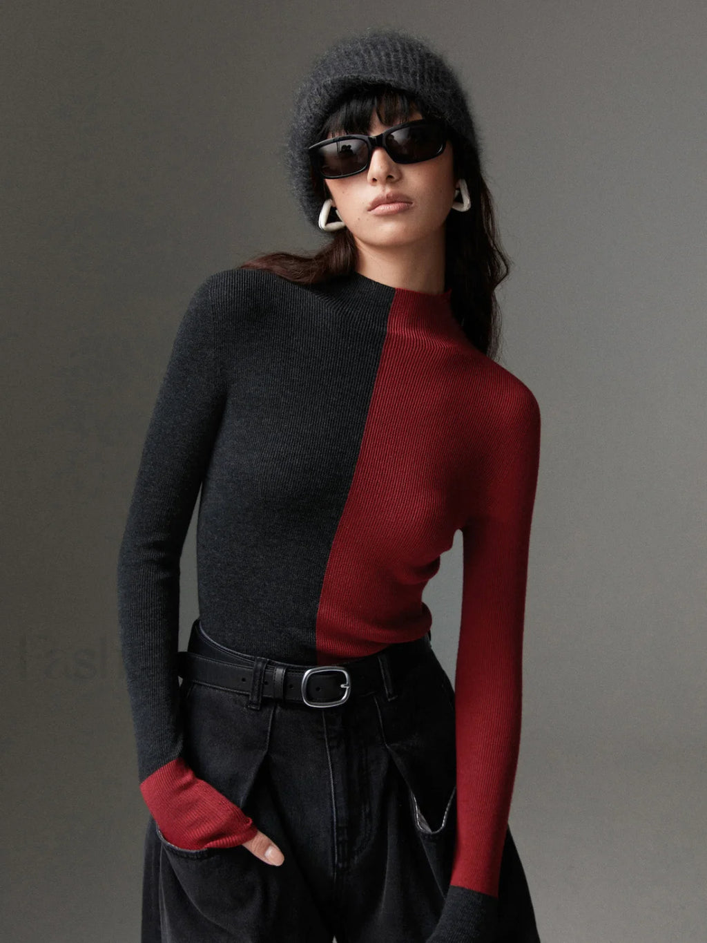 Wool Blend Two Tone Skinny Knit Top Burgundy / XS Knit Tops